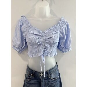 The Impeccable Pig Blue Smocked Crop Milkmaid Top Puff Sleeve M Cottagecore